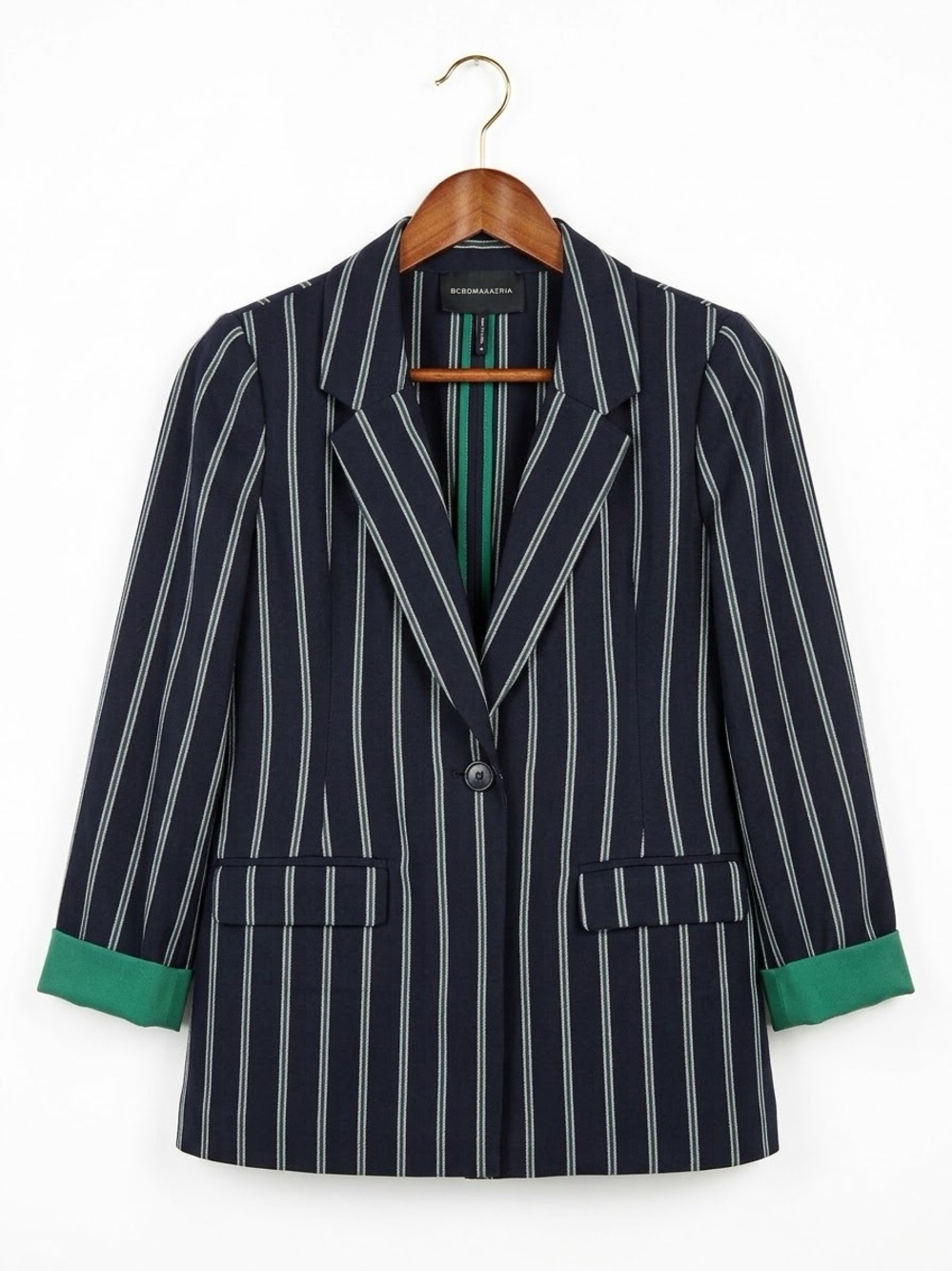 BCBGMAXAZRIA Navy Pinstripe Single-Button Blazer Green Cuffs - Women's Medium